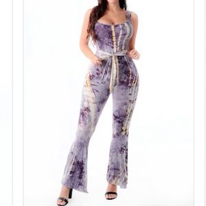 Grayish blue cream tie-dye belted tank style m bell bottom jumpsuit